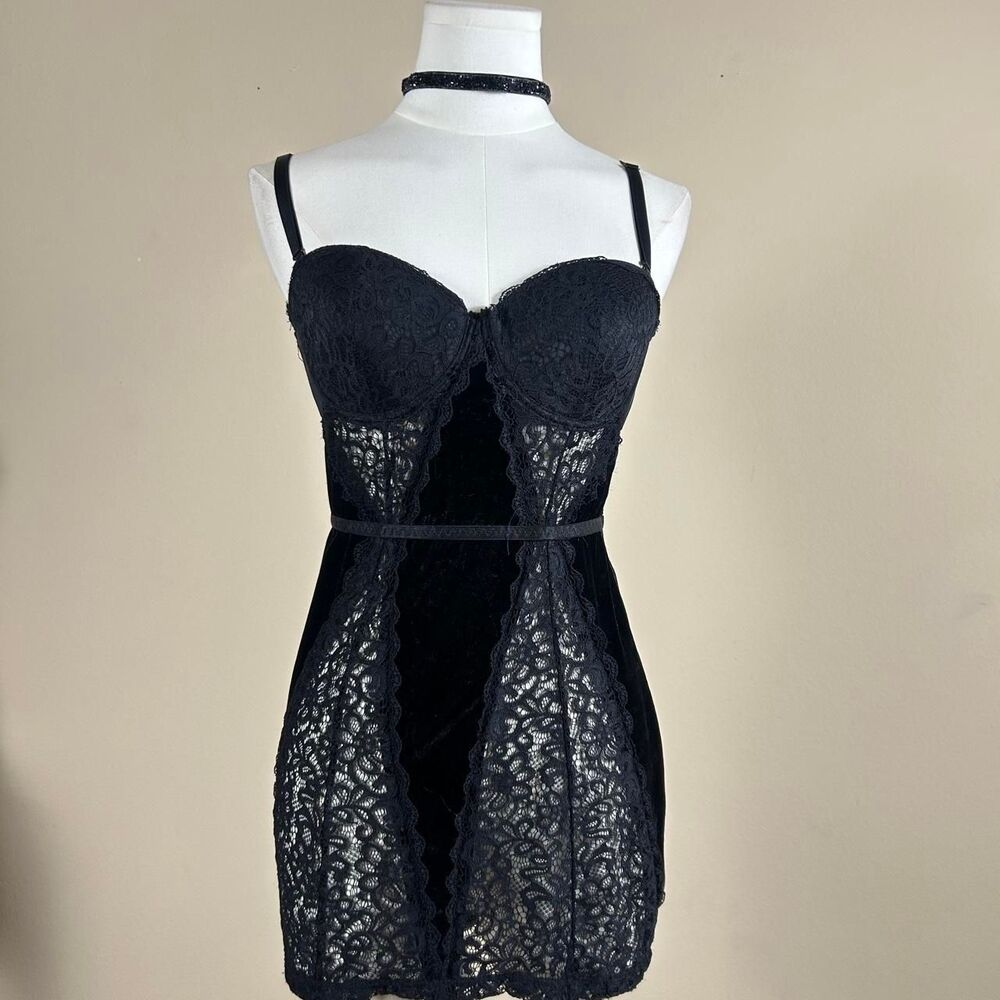 Dreamgirl Lace and Velvet Bustier Slip Dress with Choker